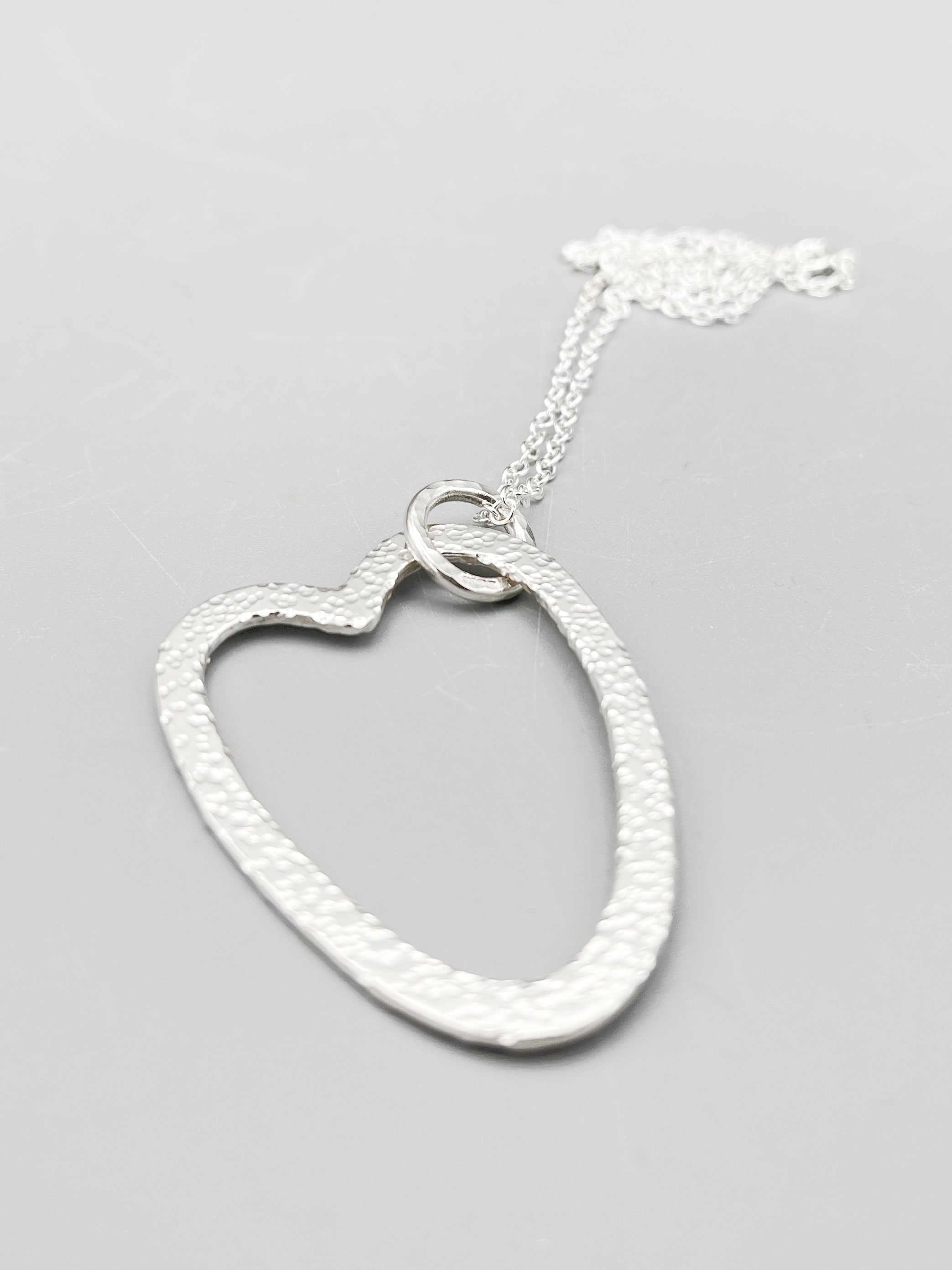 Sterling Silver large open heart pendant, hammered finish on 16" chain