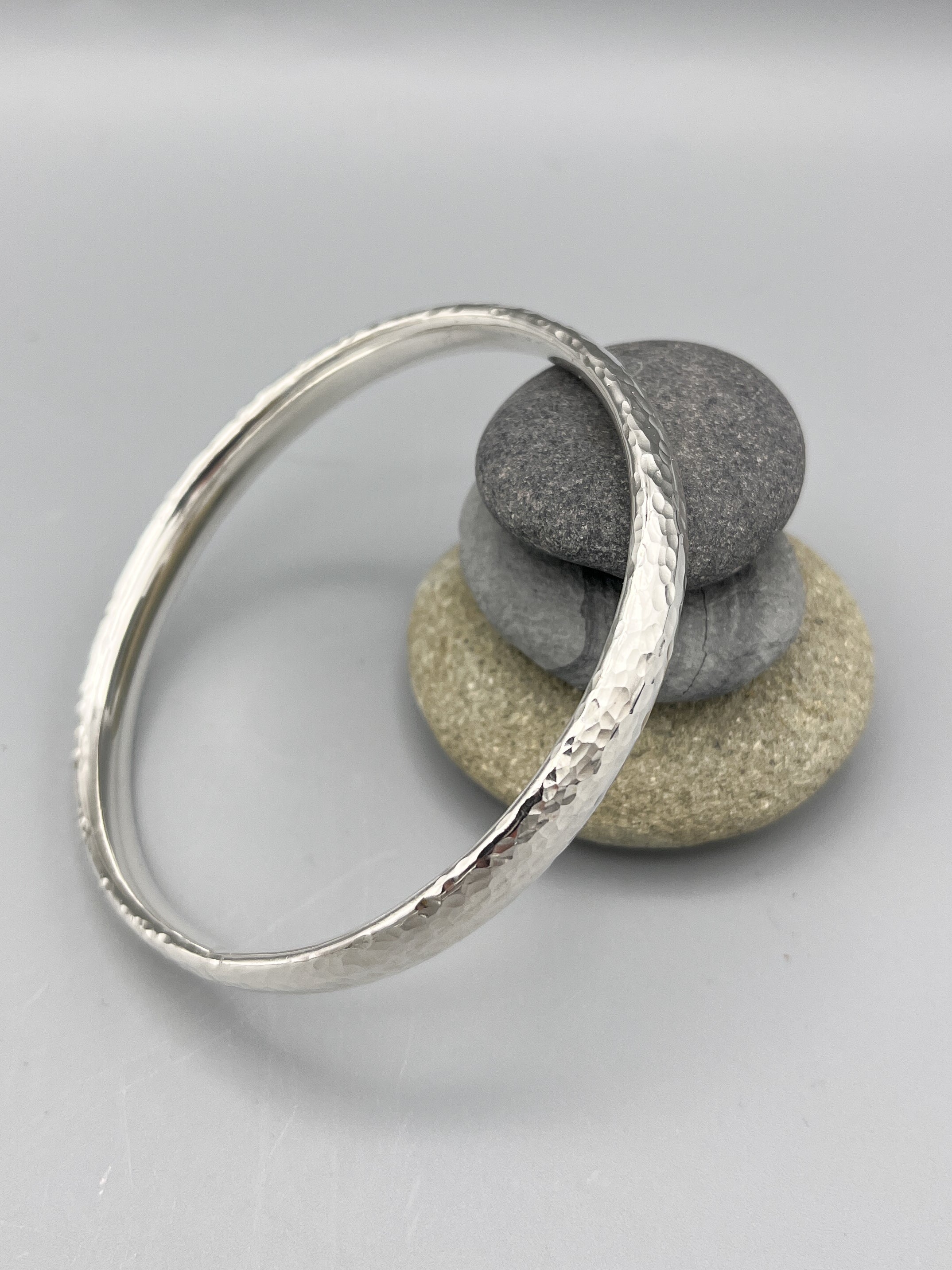Sterling Silver Bangle, oval design with a hammered finish