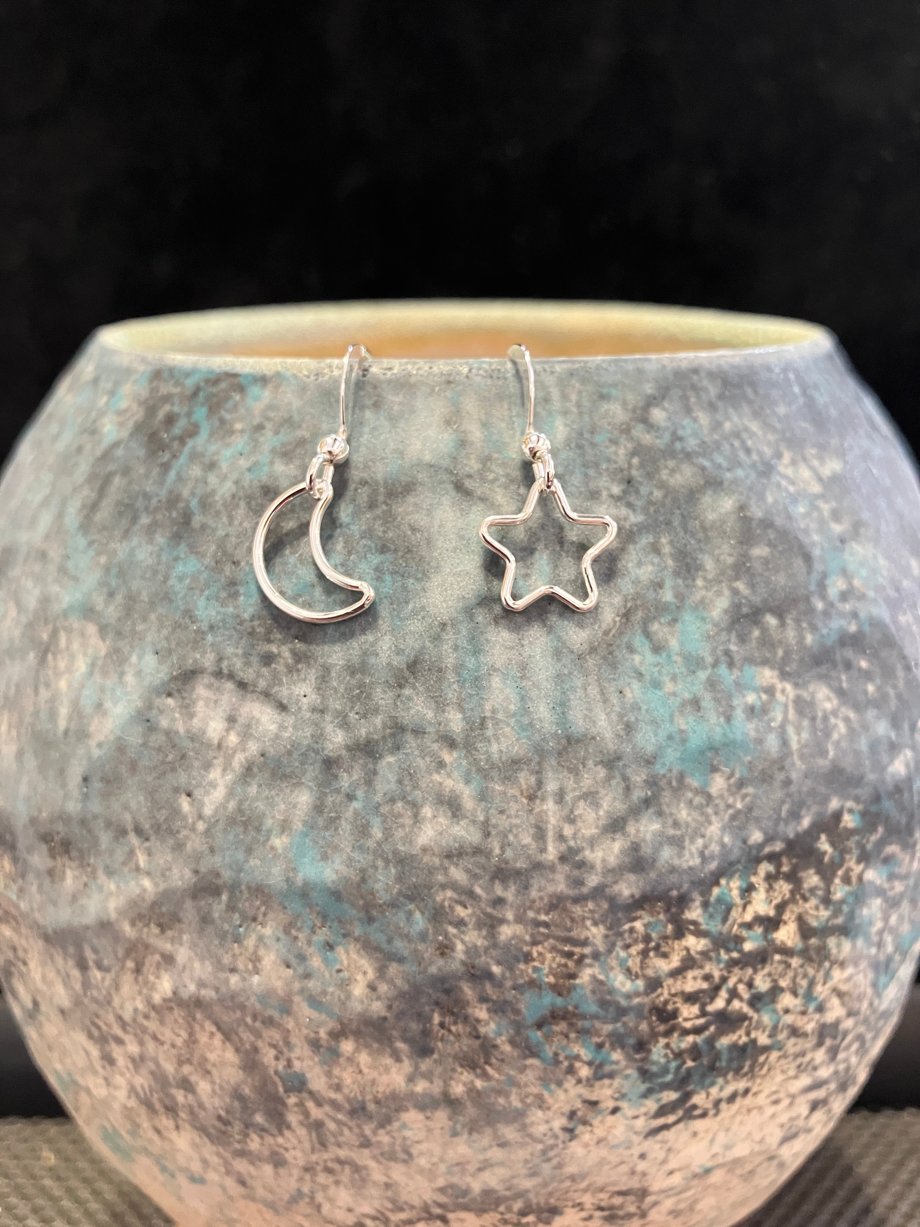 Sterling Silver open Star & Moon wire drop earrings