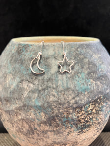 Sterling Silver open Star & Moon wire drop earrings