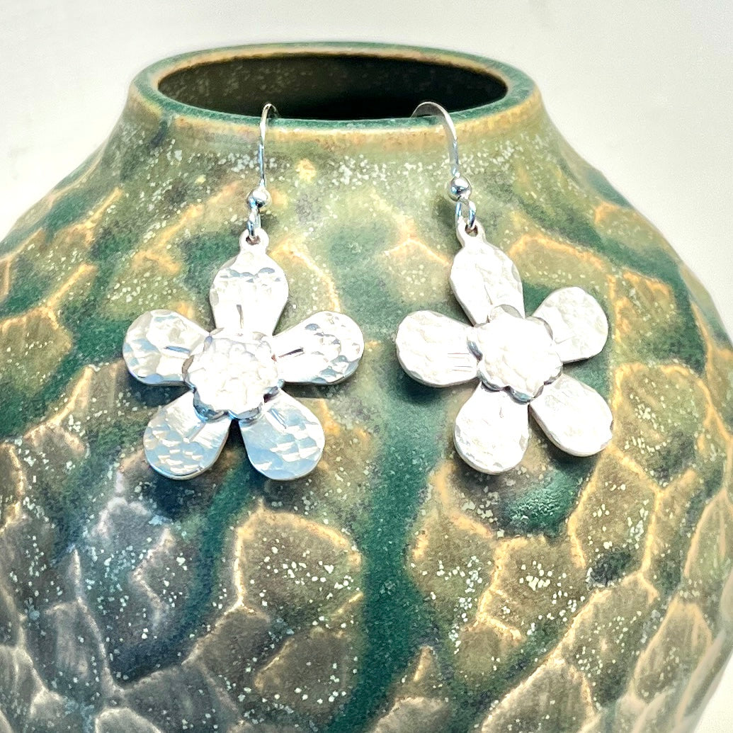 Sterling Silver 25mm hammered flower drop earrings