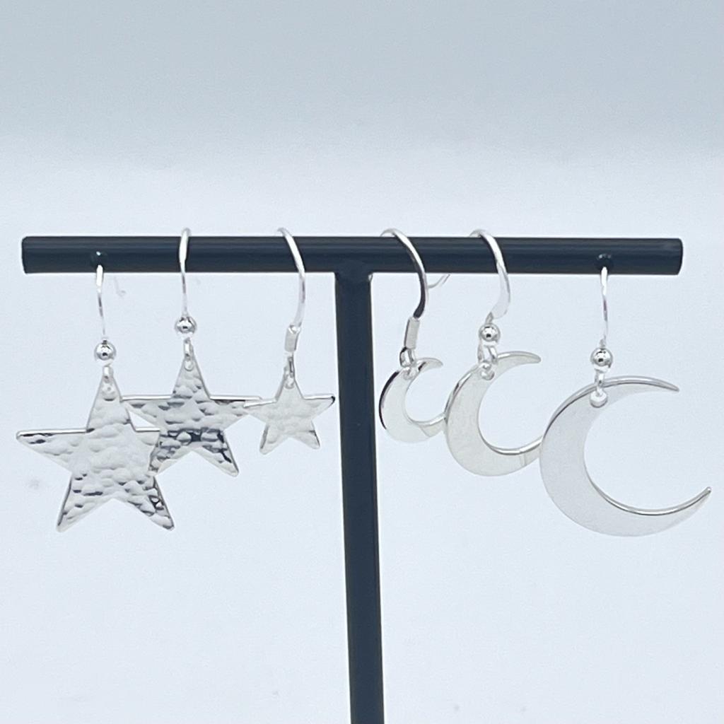 Sterling Silver medium sized crescent moon & star drop earrings