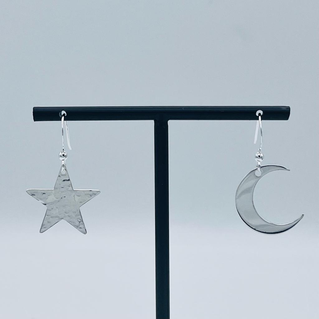 Sterling Silver large crescent moon & hammered star drop earrings