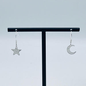 Sterling Silver small crescent moon & hammered star drop earrings