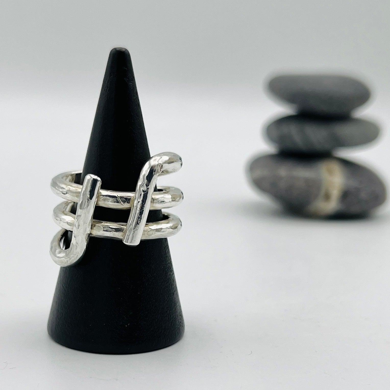 Sterling Silver Ring. Triple shank crossover ring hammered finish