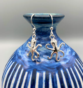 Octopus polished finish drop silver earrings