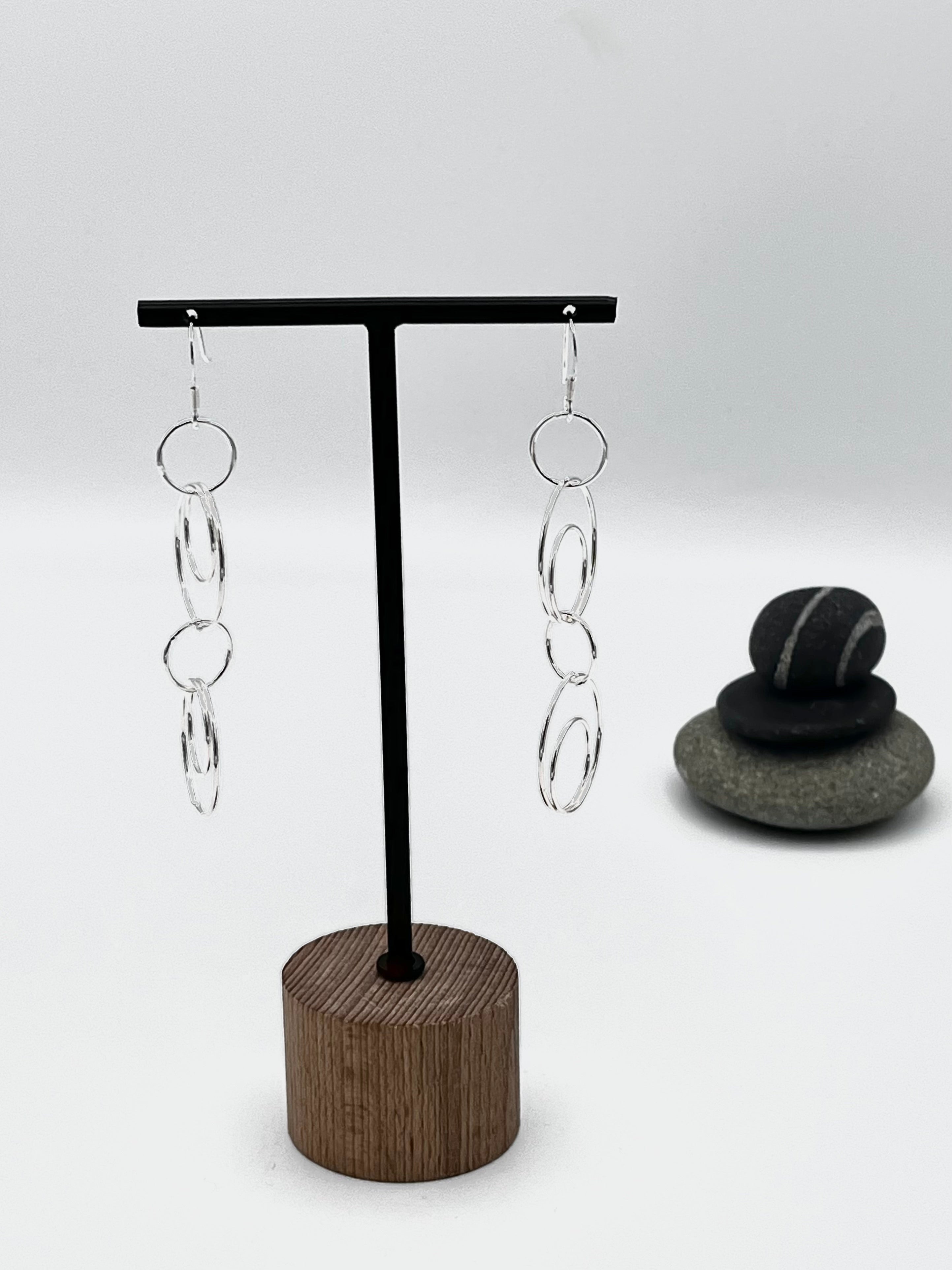 Sterling Silver double ring and oval wire drop earrings