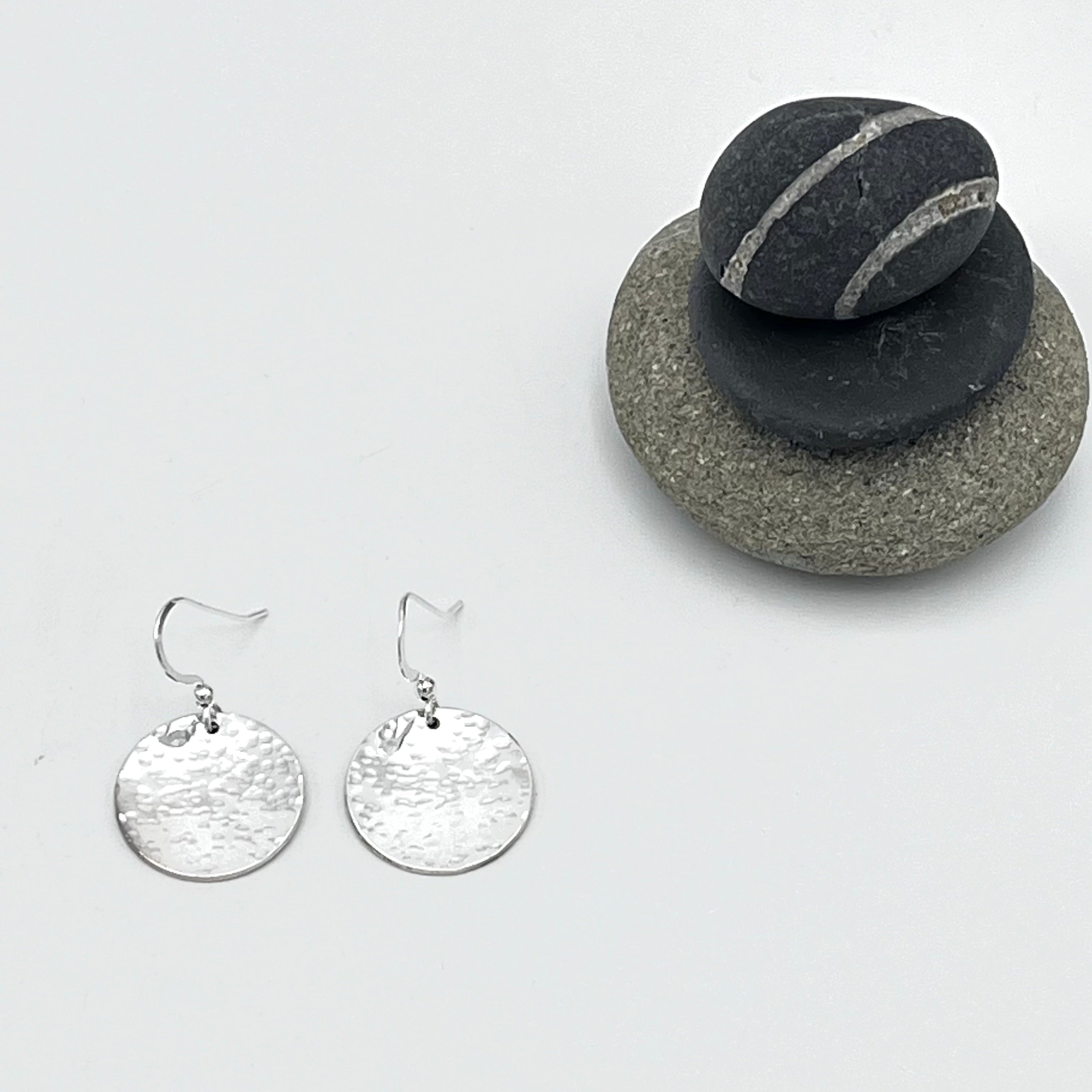 Sterling Silver hammered disc on wire & bead drop earrings