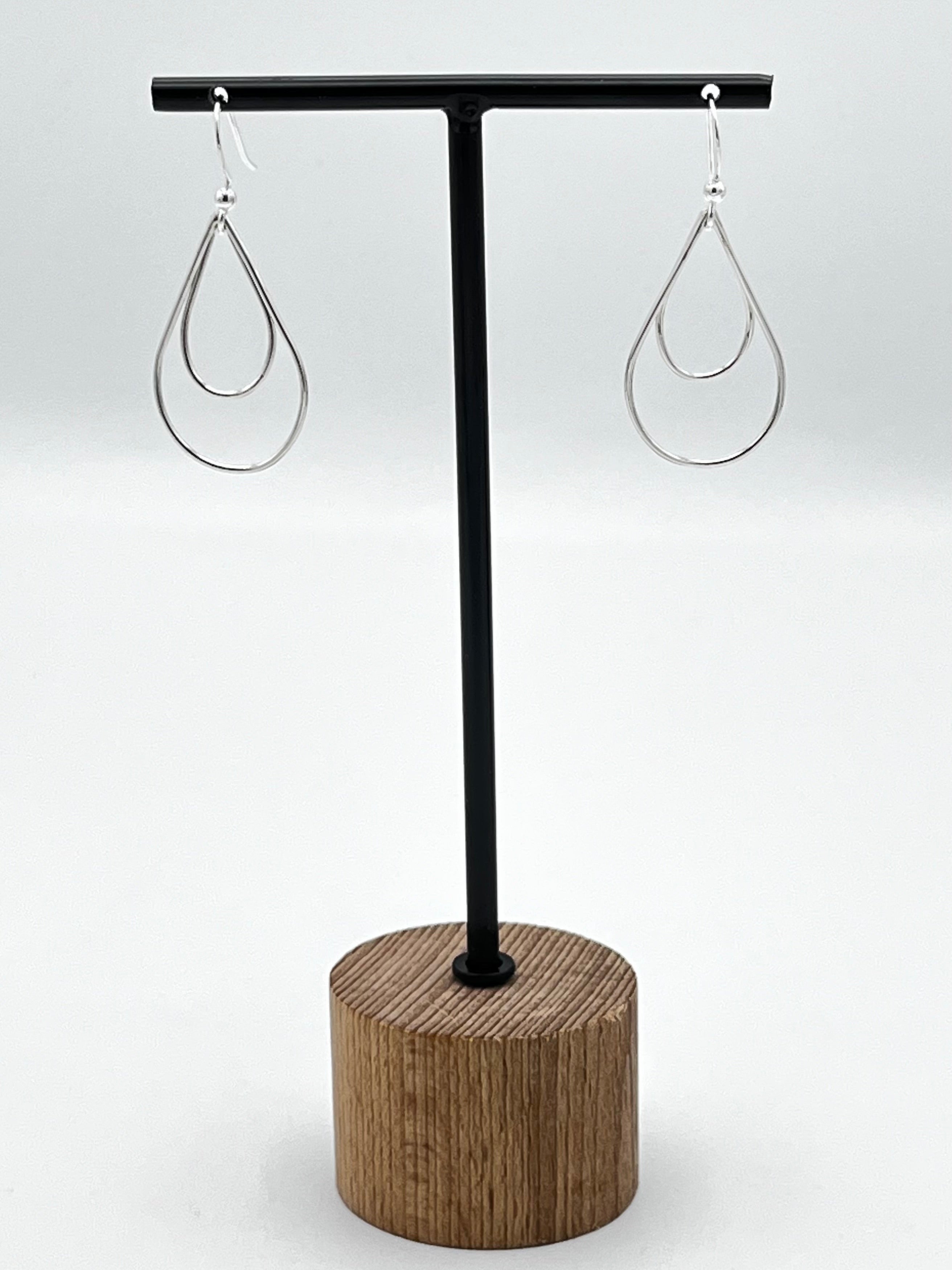 Sterling Silver double teardrop wire drop earrings on bead and wire hoops