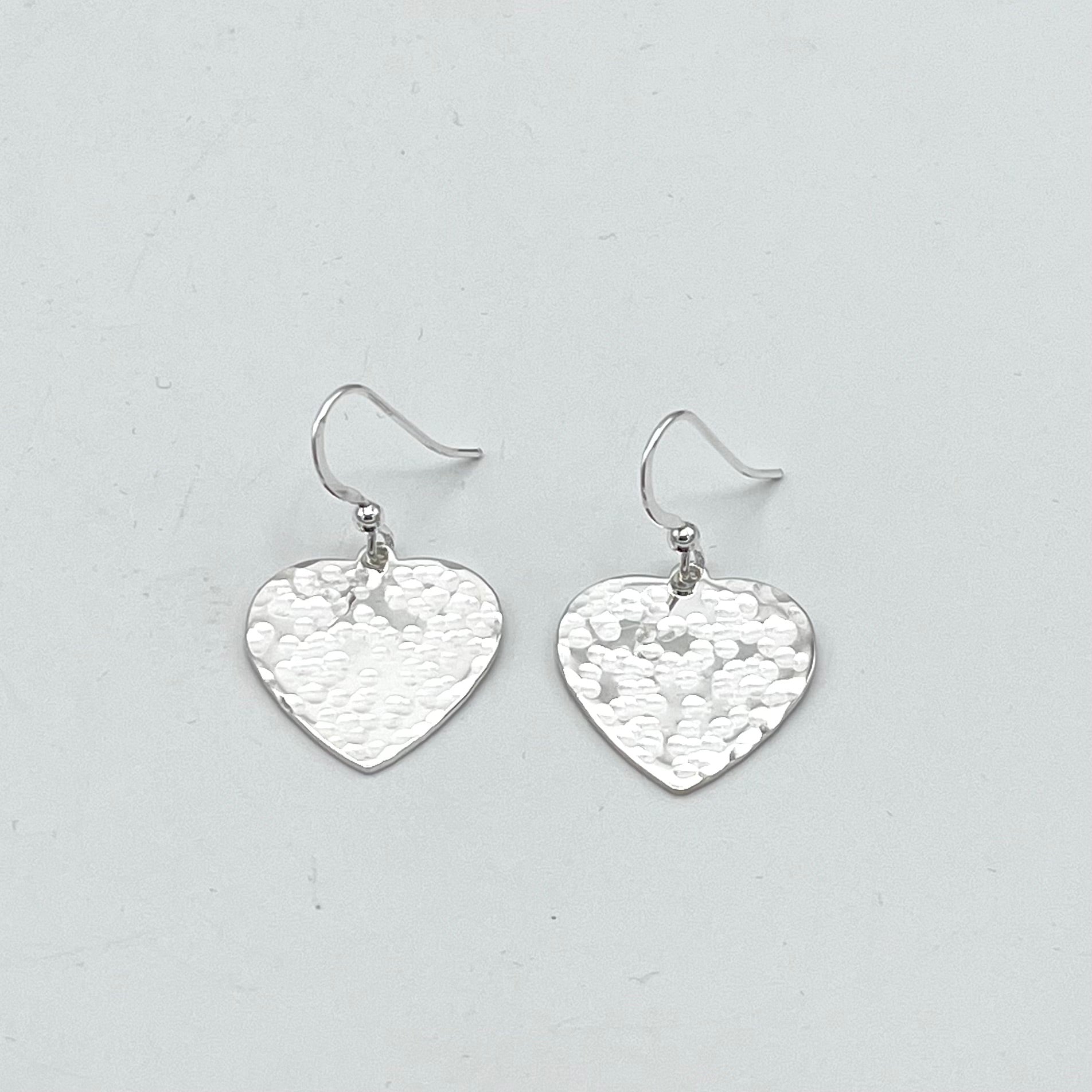 Sterling Silver 25mm hammered heart design drop earrings