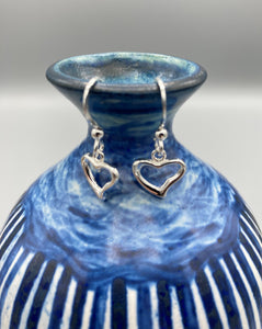 Sterling Silver heart, open polished finish drop earrings
