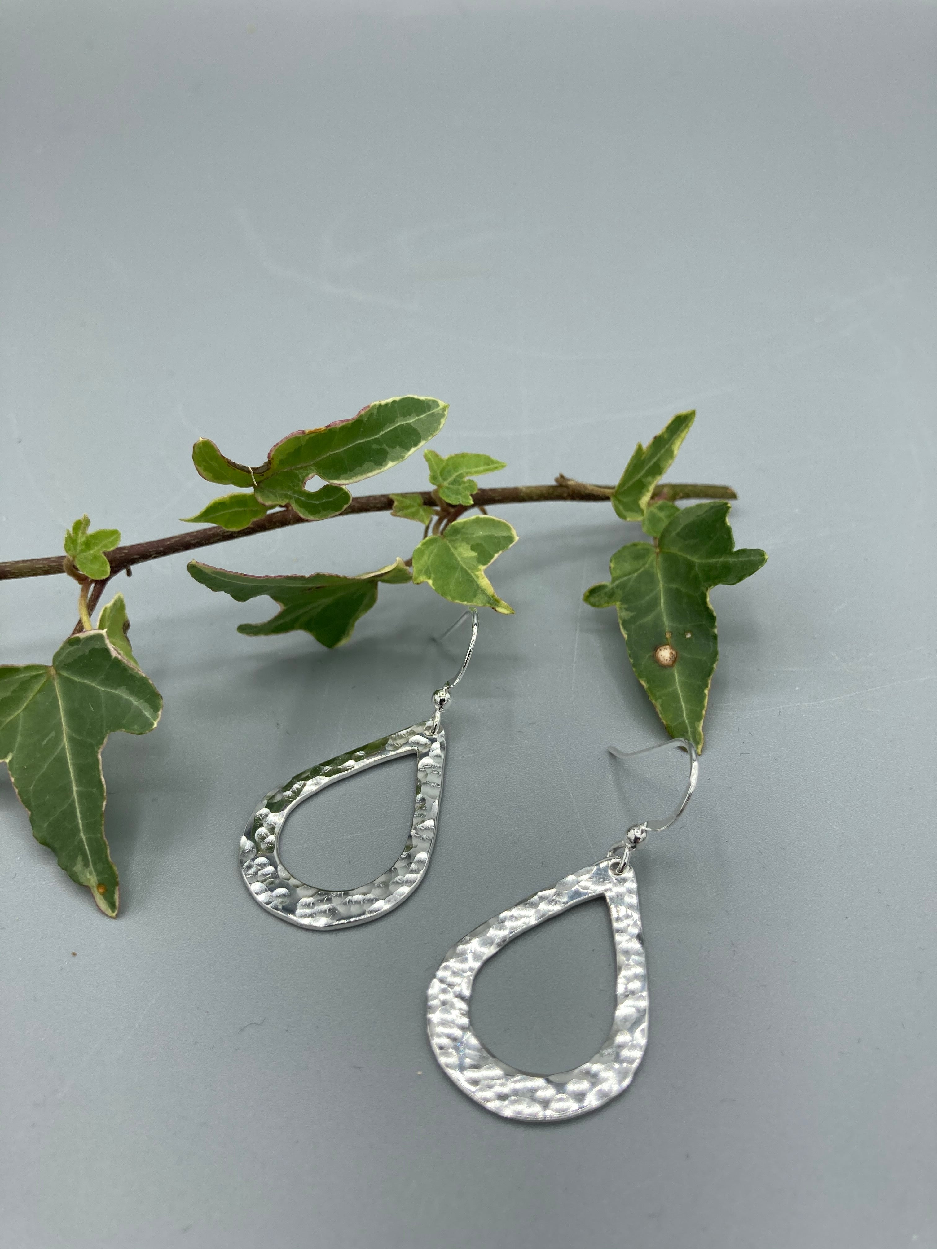 Sterling Silver medium hammered teardrop design drop earrings