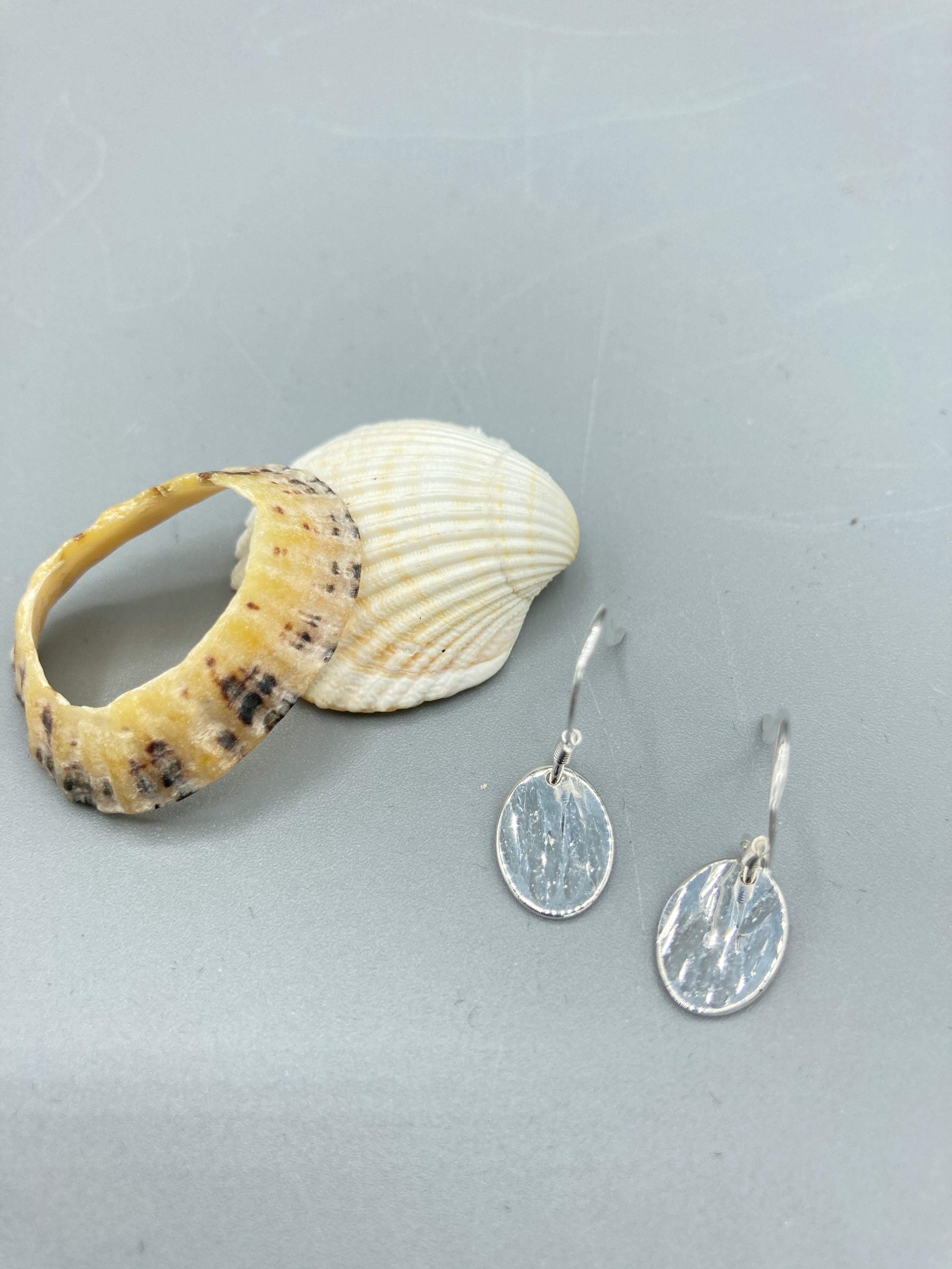 Sterling Silver textured oval disc drop earrings