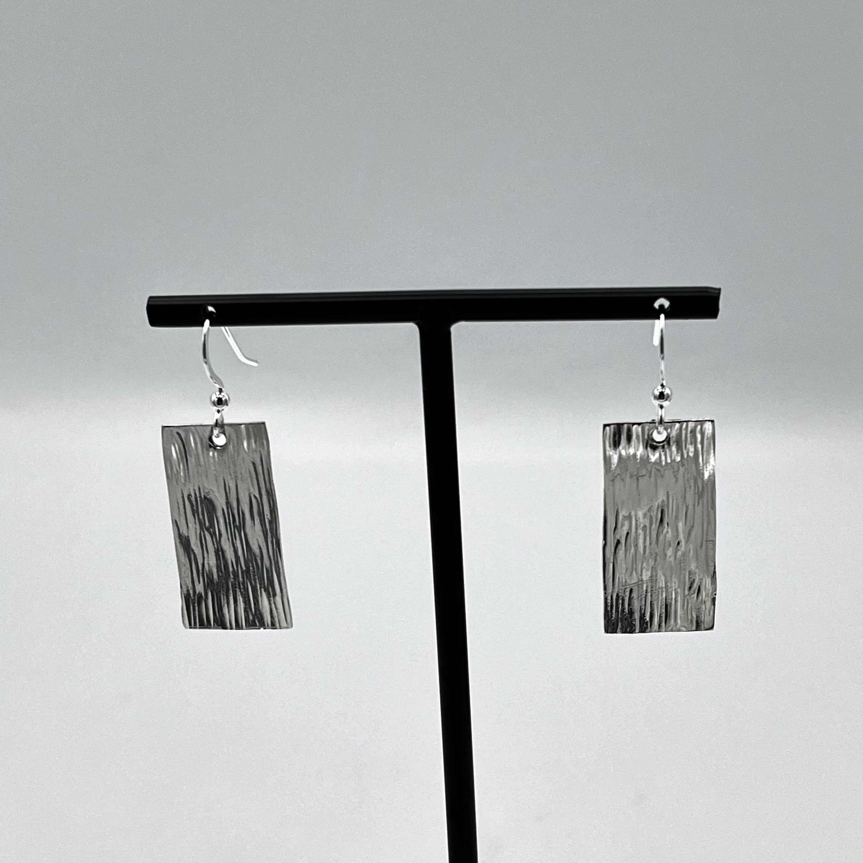 Sterling Silver 'hammered bark finish' oblong design drop earrings