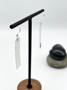 Sterling Silver long, hammered finish oblong design drop earrings