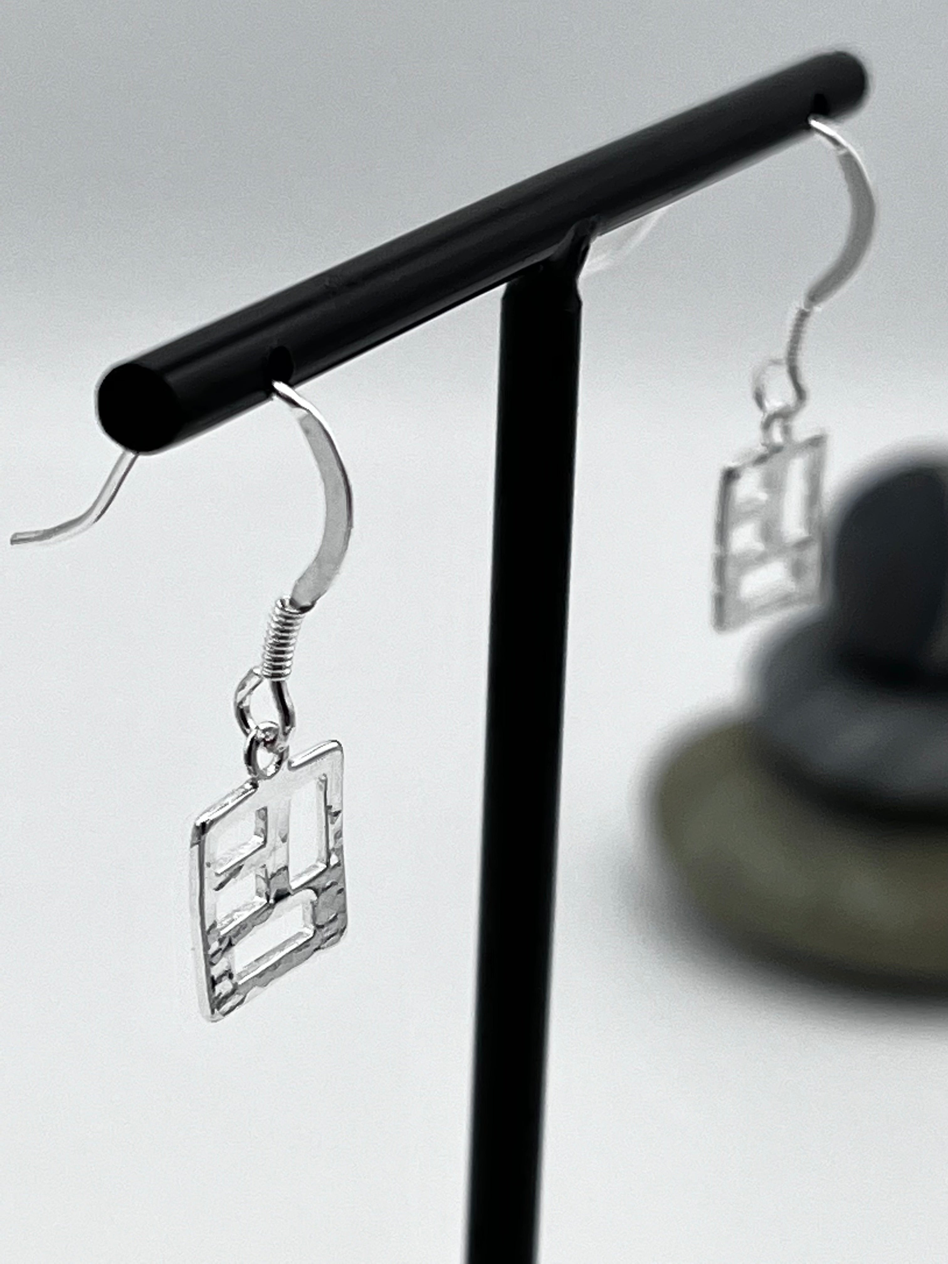 Sterling Silver 10mm hammered finish geometric square drop earrings