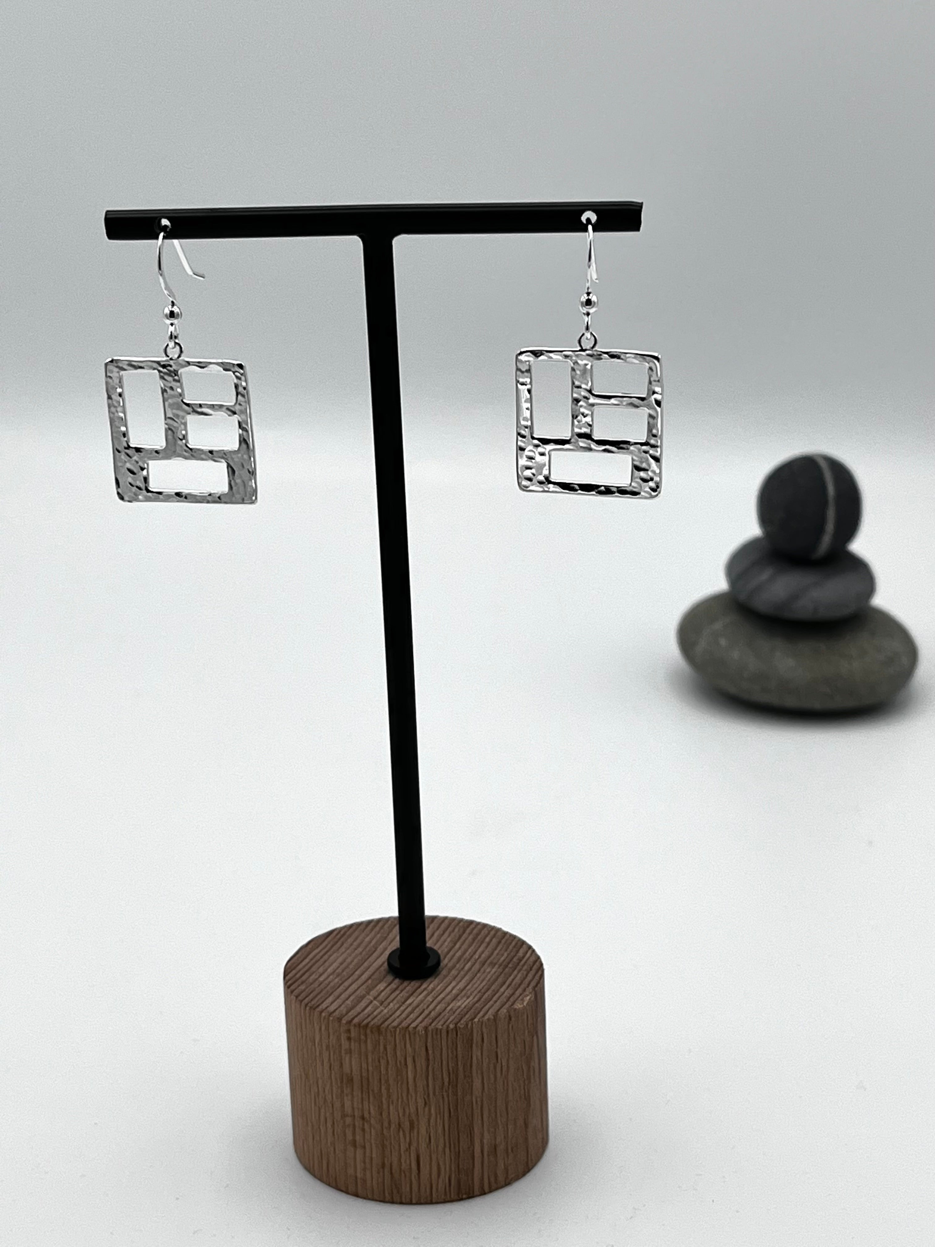 Sterling Silver 25mm geometric square hammered drop earrings