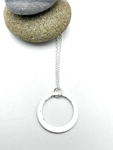 Sterling Silver Pendant. Single offset ring pendant 26mm wide hammered finish