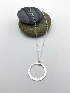 Sterling Silver Pendant. Single offset ring pendant 26mm wide hammered finish