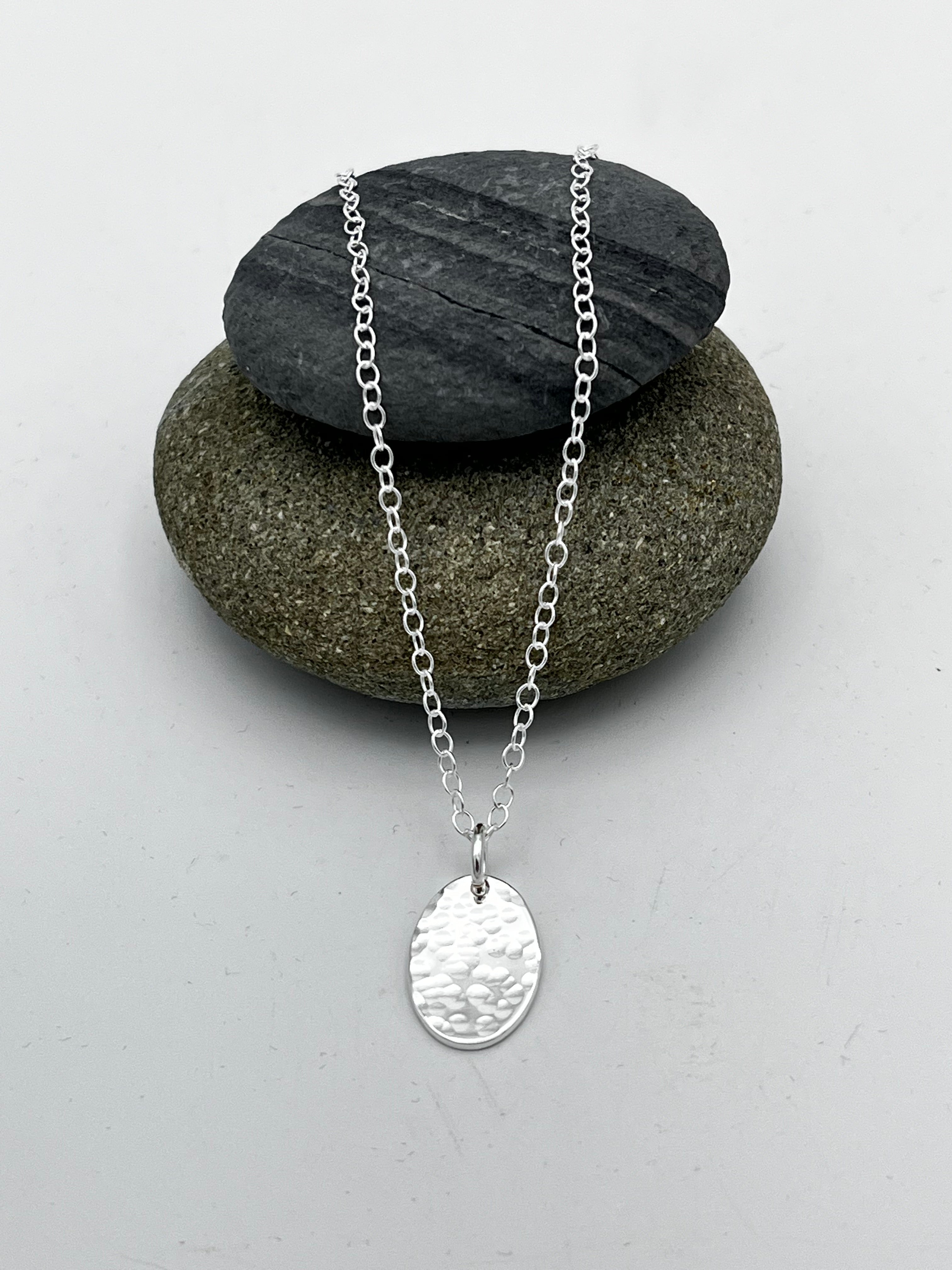 Oval disc pendant 15mm long hammered finish on 16" chain