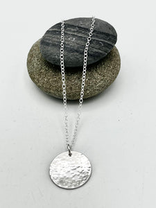 Round disc pendant 15mm diameter hammered finish on 16" chain