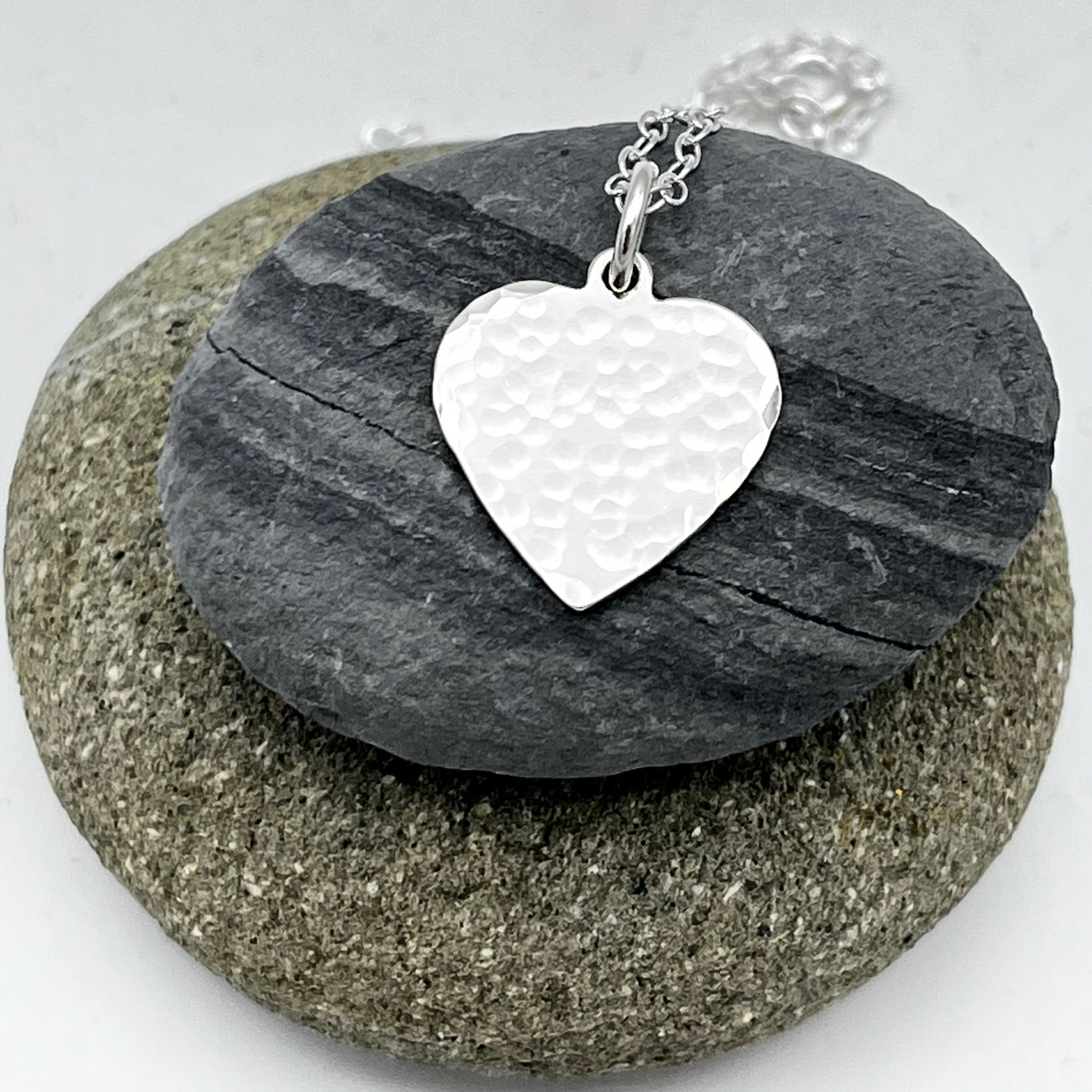 Sterling Silver single heart pendant 15mm wide hammered finish on 16" trace chain