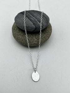 Oval disc pendant 12mm long hammered finish on 16" chain