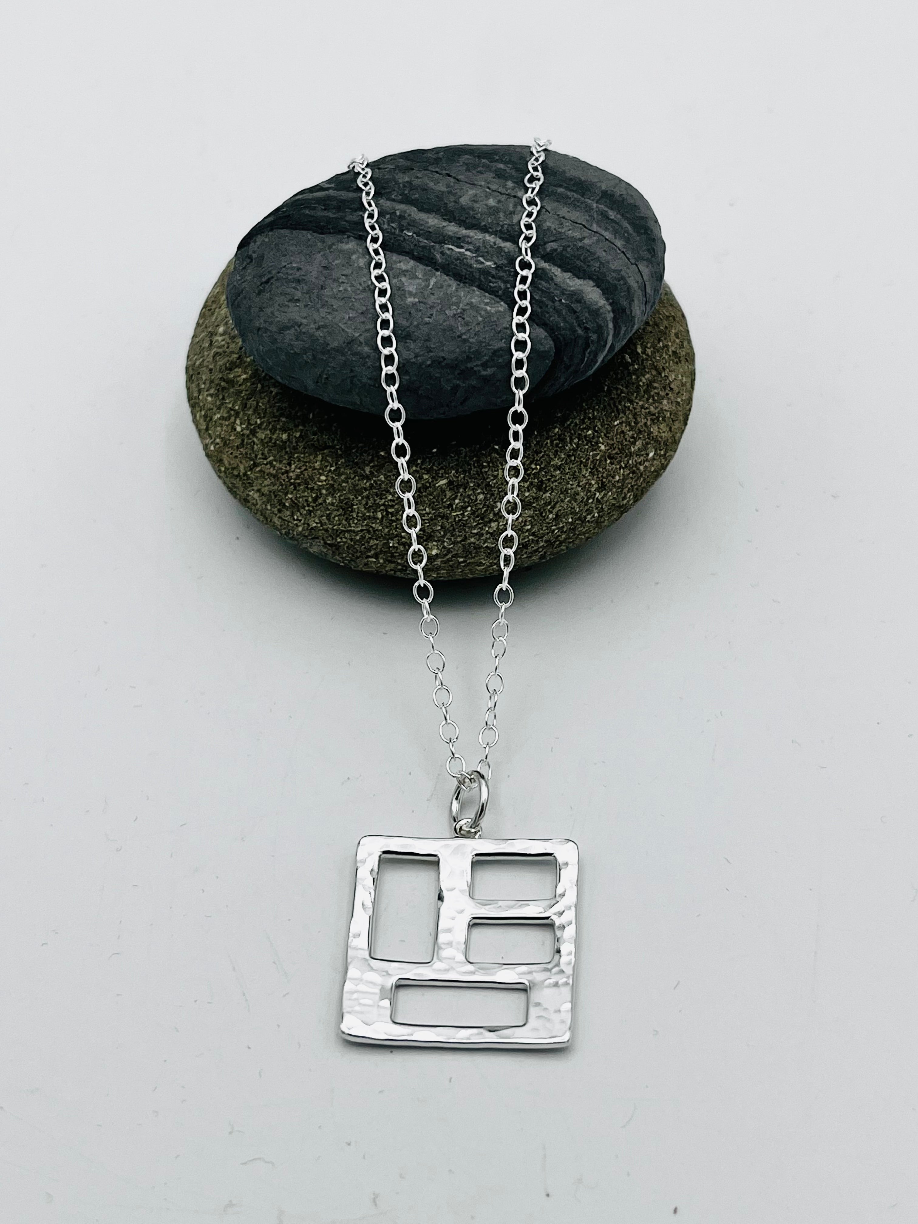 Sterling Silver 25mm hammered geometric square pendant on 16" trace chain