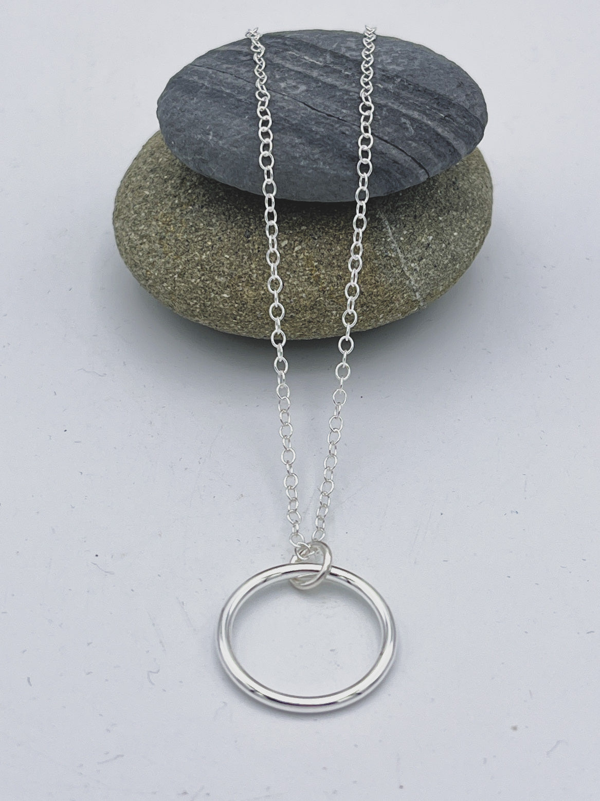 Sterling Silver single medium/large circle of life ring pendant polished finish on 16" trace chain