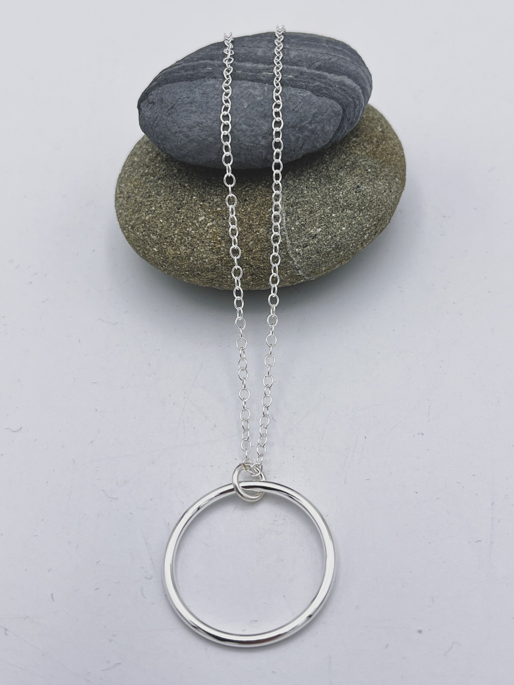 Sterling Silver single large circle of life ring pendant polished finish on 16" trace chain