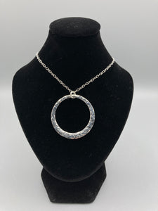 Sterling Silver Pendant. Single offset ring pendant 32mm wide hammered finish