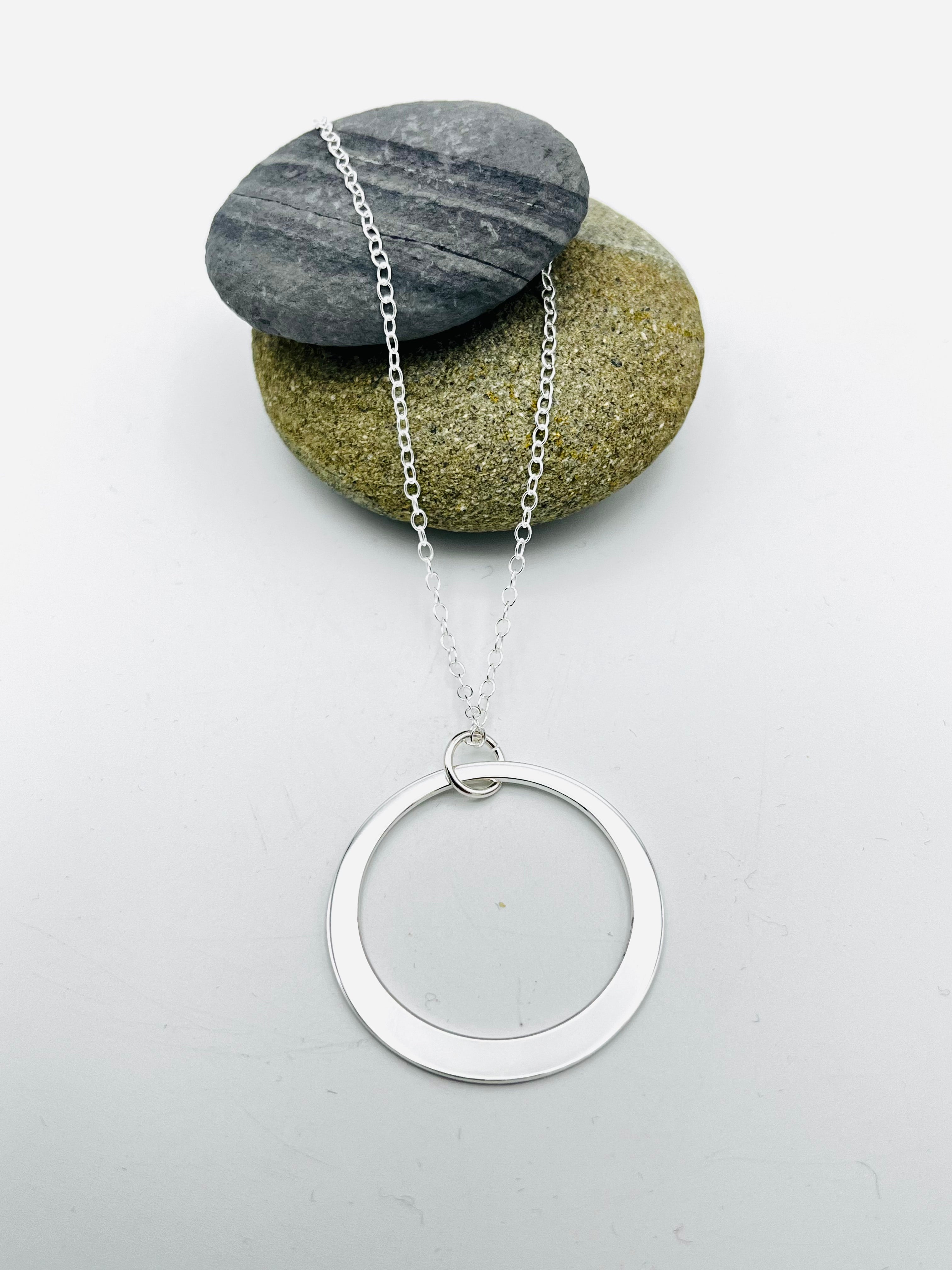 Sterling Silver Pendant. Single offset ring pendant 32mm wide polished finish