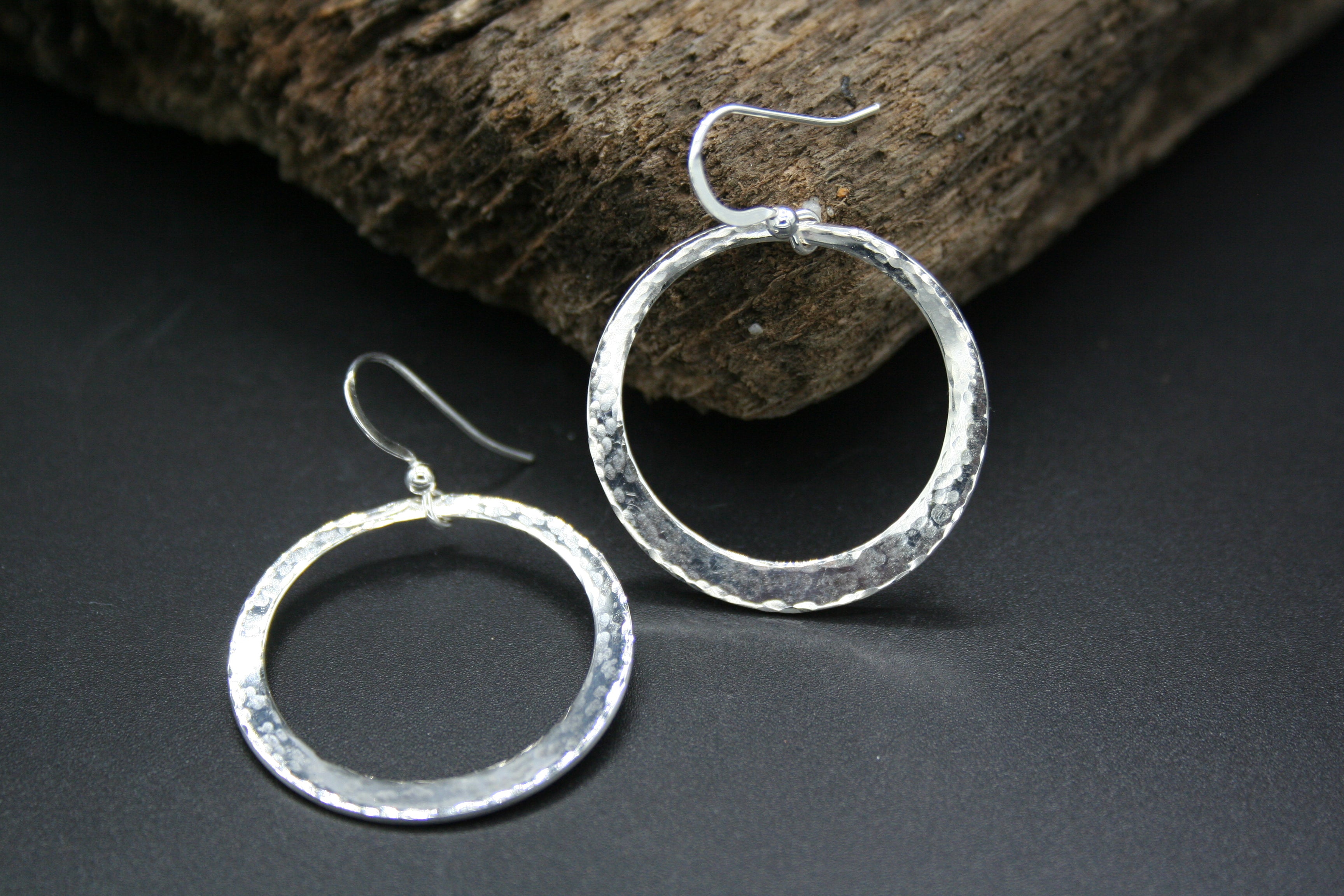 Sterling Silver graduated hoop drop earrings on wires, hammer finished 31mmx1mm