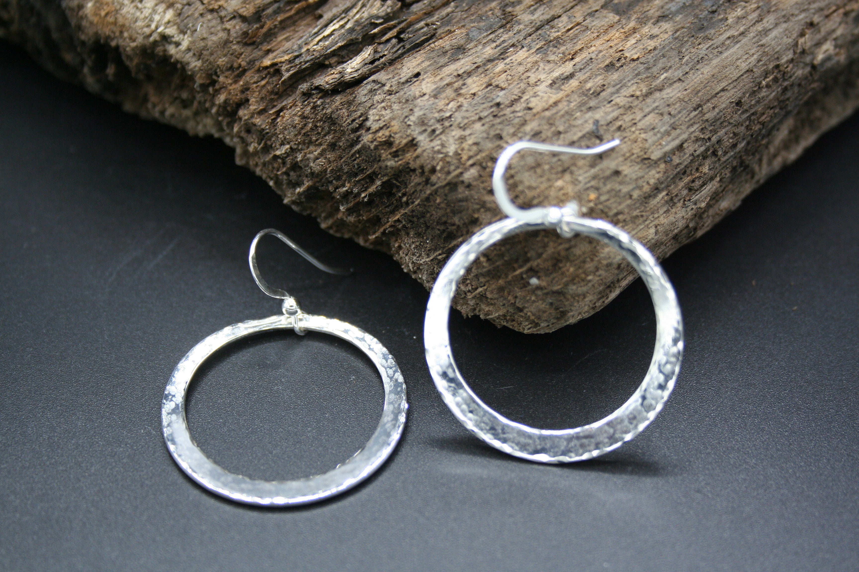 Sterling Silver graduated hoop drop earrings on wires, hammer finished 31mmx1mm