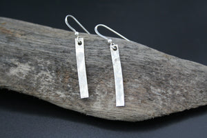 Sterling Silver hammered finished drop earrings on wires 30mm x 4mm x .5mm