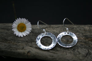 Sterling Silver round washer hammered finish drop earrings on wires 25mm x.8mm
